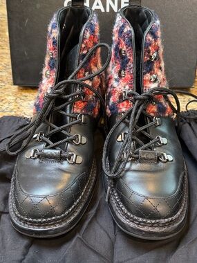 CHANEL Black Leather & Multicolor Tweed Lace-Up Boots barely used